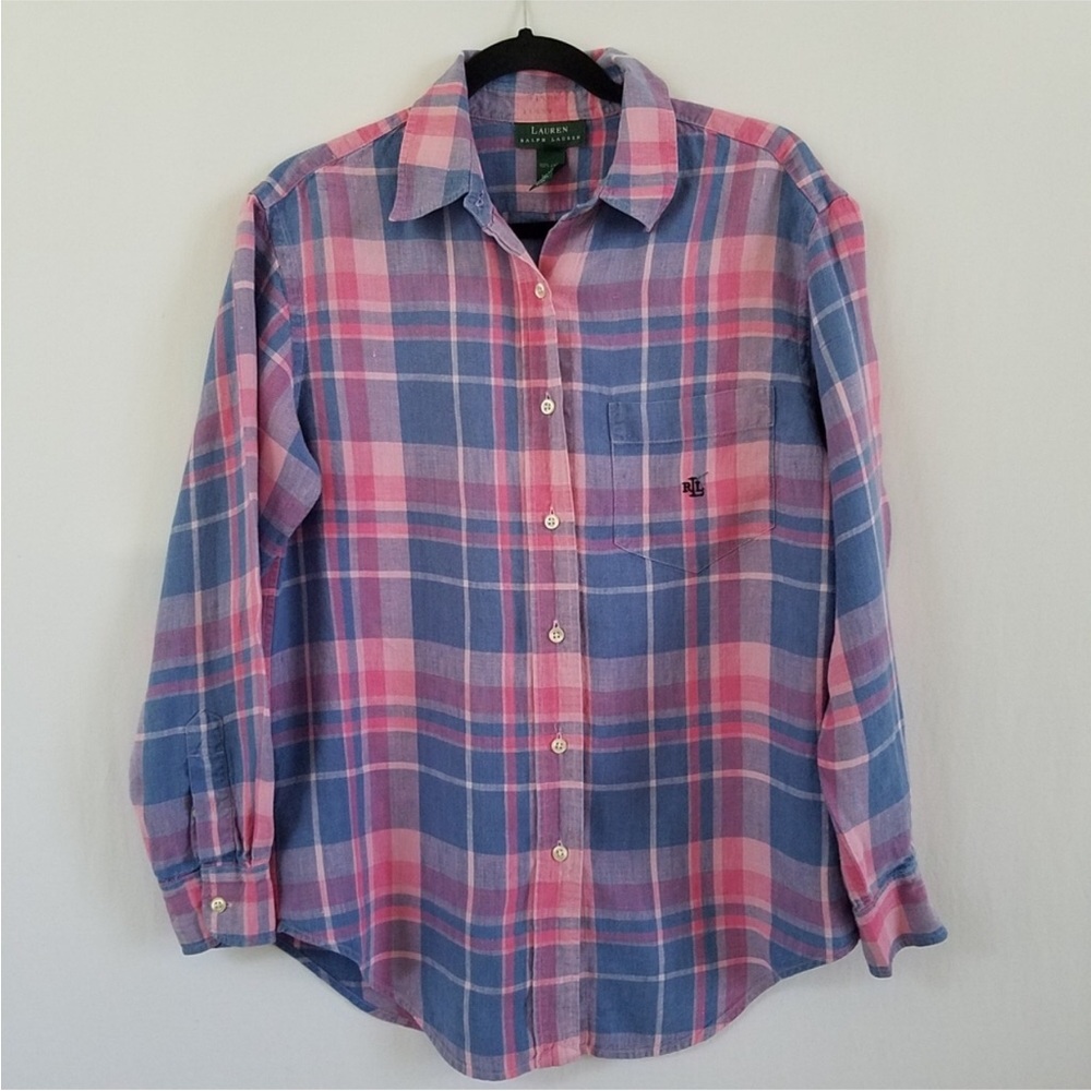 Ralph Lauren 💙🌸 plaid linen button down shirt